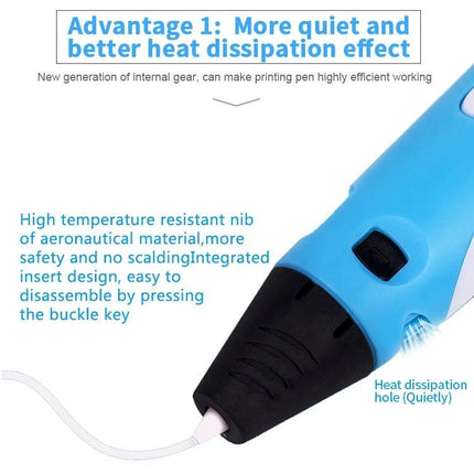 Hand-Held 3D Printing Pen for Artistic Design and Creation showing blue pen tip extruding white ABS filament and heat dissipation hole