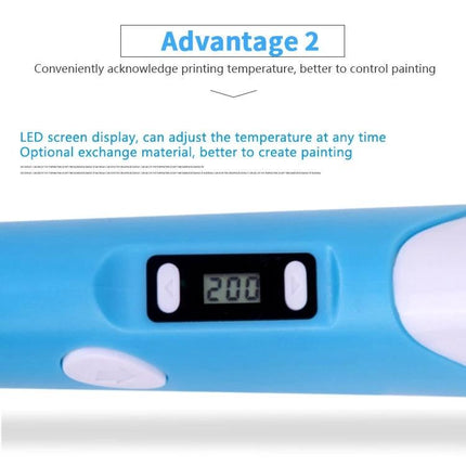 Hand-Held 3D Printing Pen for Artistic Design and Creation showing LED temperature display set to 200°C on blue pen