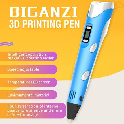 Hand-Held 3D Printing Pen for Artistic Design and Creation - blue handheld 3D printing pen with LCD, speed and temp controls, ideal for artists and students