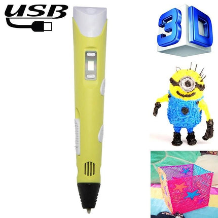 Hand-Held 3D Printing Pen for Artistic Design and Creation - yellow USB 3D pen with digital display and sample 3D models