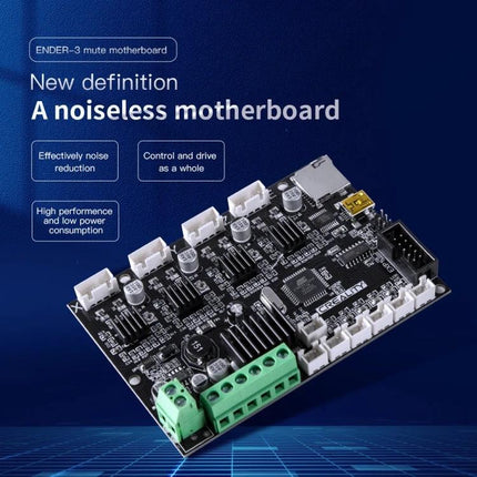 Creality Noiseless Motherboard for Ender-3 3D Printers showing the PCB, connectors, heat sink and 24V power chip for quiet, stable printing