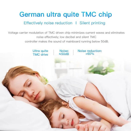 Creality Noiseless Motherboard for Ender-3 3D Printers showing TMC chip silent printing benefits with <50dB and 60% noise reduction