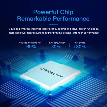 Creality Noiseless Motherboard for Ender-3 3D Printers showing powerful Creality chip highlighting improved performance, lower power use and reduced noise