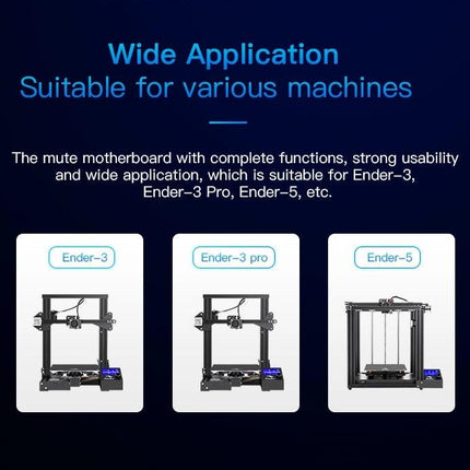 Creality Noiseless Motherboard for Ender-3 3D Printers shown with Ender-3, Ender-3 Pro, and Ender-5 compatibility