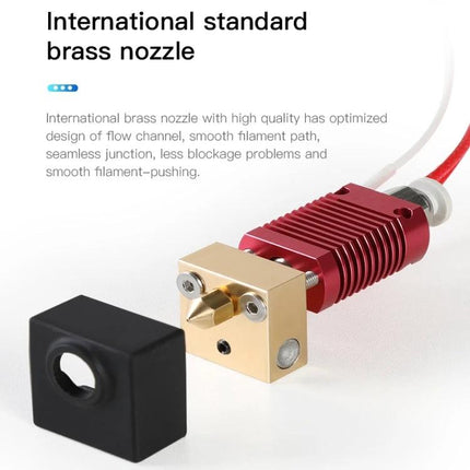 Creality Hot End Kit for Ender-3 3D Printing Essentials showing brass nozzle, red heatsink and silicone sock for smooth filament flow