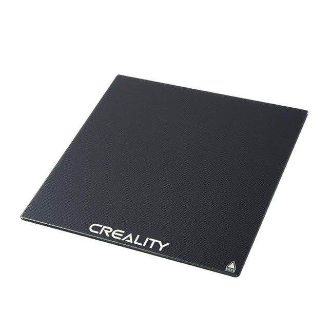 Creality Carborundum Glass Build Surface for Ender-3 Printer showing textured black heated bed plate with Creality logo for stable 3D printing adhesion