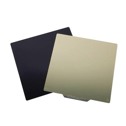 Creality Double-Sided PEI Printing Plate with Magnetic Base flat lay showing black and gold removable magnetic build surface for 3D printers