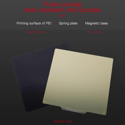 Creality Double-Sided PEI Printing Plate with Magnetic Base showing PEI top and magnetic base, flexible spring plate layers for easy print removal