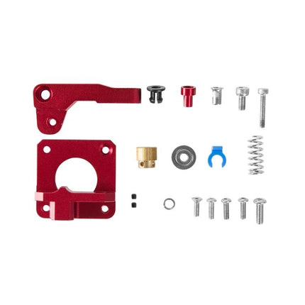 Creality All-Metal Bowden Extruder Kit for Ender-3 Series 3D Printers - red anodized upgrade parts laid out for filament handling