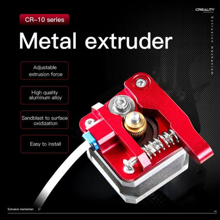 Creality All-Metal Bowden Extruder Kit for Ender-3 Series 3D Printers close-up of red metal extruder upgrade showing feed gear and mounting