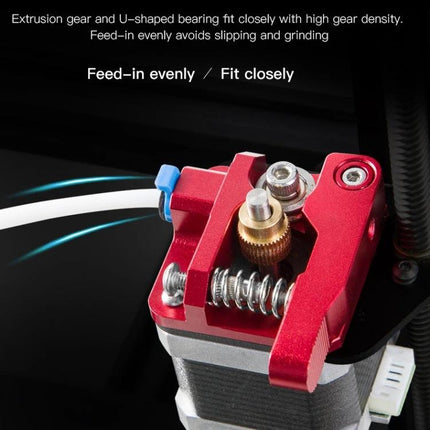 Creality All-Metal Bowden Extruder Kit for Ender-3 Series 3D Printers red aluminum extruder showing feed-in gear and U-shaped bearing for steady filament