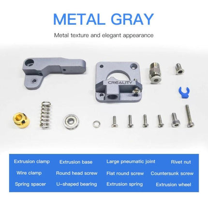 Creality All-Metal Bowden Extruder Kit for 3D Printing Essentials showing metal gray extruder parts and screws laid out