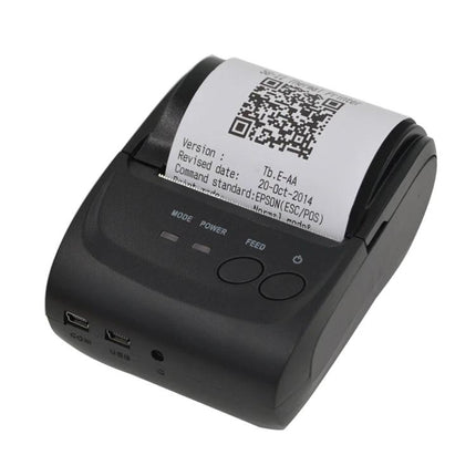 Bluetooth Thermal Receipt Printer for Mobile Use showing compact black mobile receipt printer printing QR-code receipt