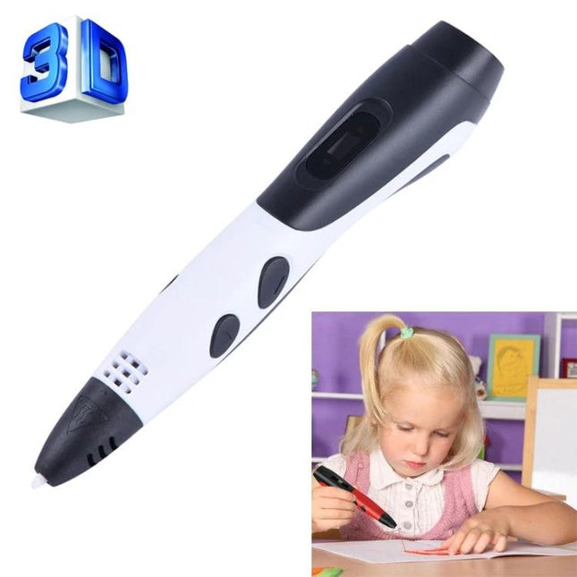 3D Printing Pen for Kids Creative Drawing with LCD Display showing white-black pen and child creating 3D art