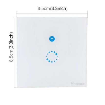 Sonoff 86mm Touch Panel Wall Switch for Smart Home Lighting white glass touch WiFi single gang with LED indicators and dimensions 8.5cm
