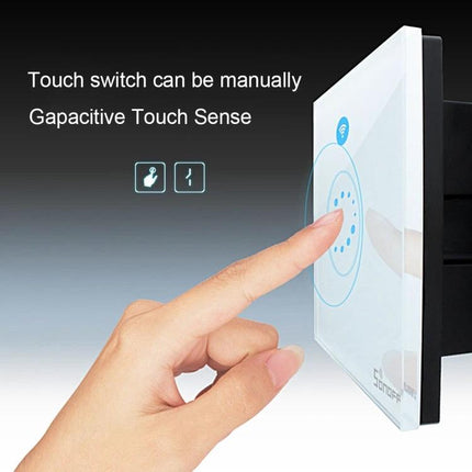 Sonoff 86mm Touch Panel Wall Switch for Smart Home Lighting showing a finger touching the capacitive glass touch panel, WiFi smart control and schedule features