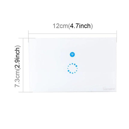 Sonoff Touch 120mm Smart Wall Switch for Home Lighting Control white glass touch panel front view with dimensions 12cm x 7.3cm and blue LED icons