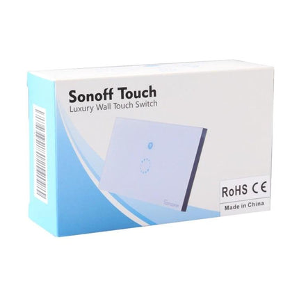 Sonoff Touch 120mm Smart Wall Switch for Home Lighting Control - white luxury touch switch box showing RoHS CE labeling