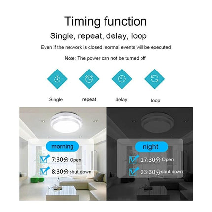 Sonoff Touch 120mm Smart Wall Switch for Home Lighting Control timing function showing single repeat delay loop and morning/night schedules