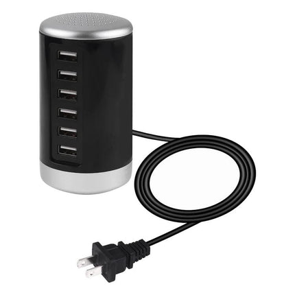 Versatile 6-Port USB Charging Station for Everyday Electronics - black cylindrical charger with six USB ports and power cord