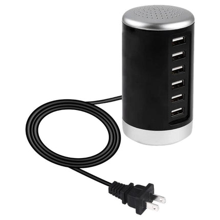 Versatile 6-Port USB Charging Station for Everyday Electronics — compact black vertical hub charges phones and tablets, six USB ports, tangle-free cord