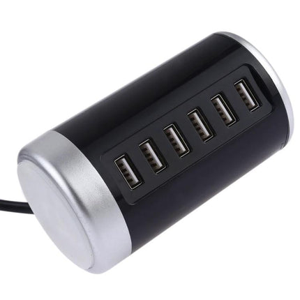 Versatile 6-Port USB Charging Station for Everyday Electronics - black cylindrical hub with six USB ports for charging phones and tablets