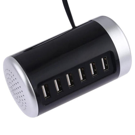 Versatile 6-Port USB Charging Station for Everyday Electronics showing black cylindrical charger with six USB ports, ideal for home office or travel