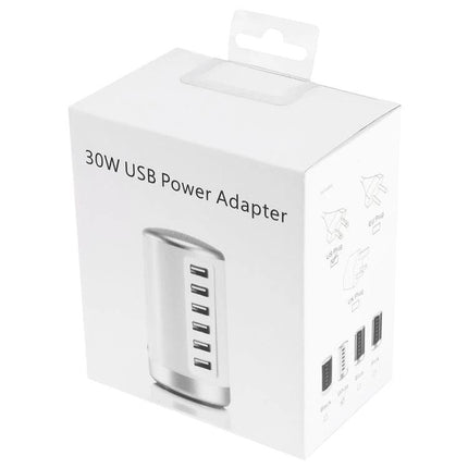 Versatile 6-Port USB Charging Station for Everyday Electronics white 30W USB power adapter box showing six USB ports and travel plug options