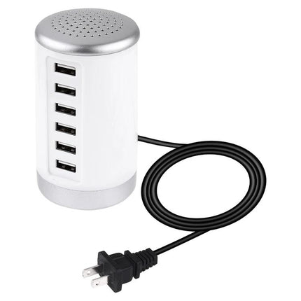 Versatile 6-Port USB Charging Station for Everyday Electronics white vertical hub with six USB ports and attached power cord
