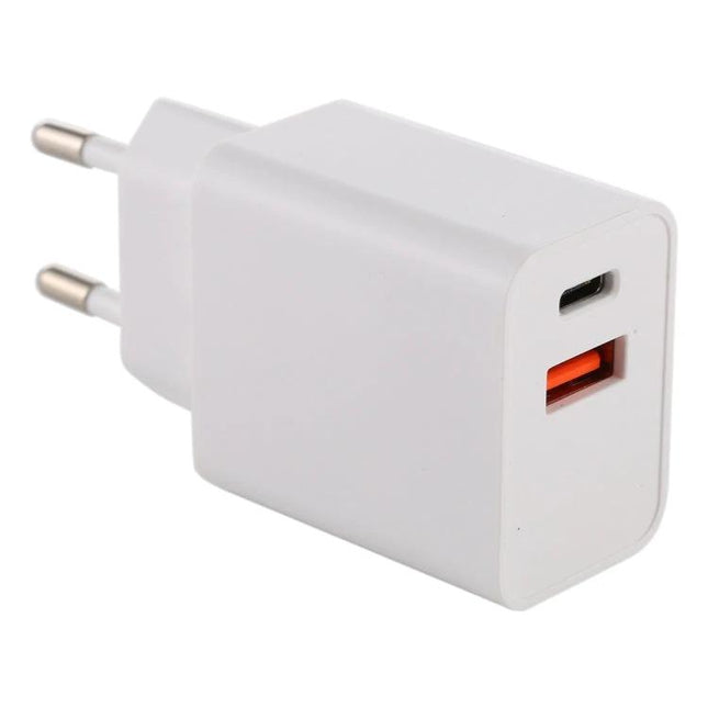 Compact EU Plug Power Adapter for Travel and Daily Charging, white dual-port USB-C and USB-A travel charger