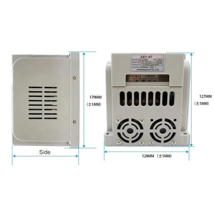 Inverter for Operating Three-Phase Motors on Single-Phase Power compact unit with cooling fans and terminal labels, shown front and side view