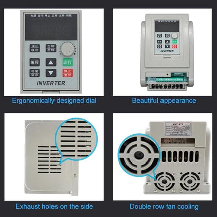 Inverter for Operating Three-Phase Motors on Single-Phase Power compact unit showing control panel, vents and double-fan cooling for workshop and farm use