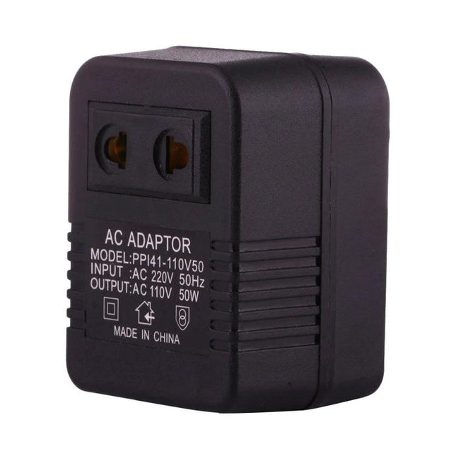 220V to 110V Voltage Converter Adapter for EU and US Plugs - compact black travel AC adaptor for laptops and small appliances