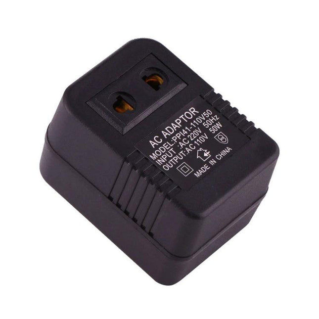 220V to 110V Voltage Converter Adapter for EU and US Plugs compact black travel AC converter for laptops chargers and small appliances