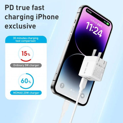 Essential MOMAX Charger for Your Everyday Travel and Home Use - compact 20W PD charger shown charging iPhone, folds away for travel and home use