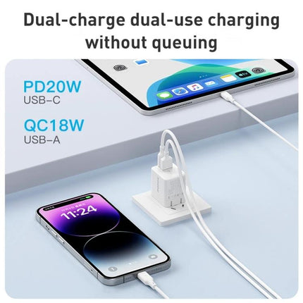 Essential MOMAX Charger for Your Everyday Travel and Home Use - compact dual-port PD20W USB-C and QC18W USB-A charger shown powering phone and tablet