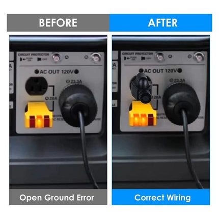 Universal US Wall Plug Adapter for Travel and Appliances showing before and after correcting open ground wiring on an AC OUT 120V panel