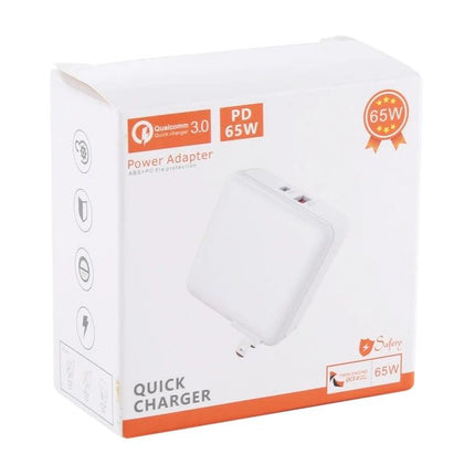 Compact USB Charger for Daily Travel and Home Use in white 65W PD quick charger packaging, dual USB ports, pocket-sized power adapter