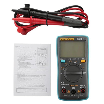 ZOYI Portable Digital Multimeter for Everyday Electrical Testing compact multimeter with probes, display and manual for home, auto and DIY use