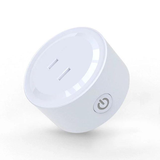 WiFi Smart Socket with App Control and Scheduling Features shown in white compact plug with power button, smartphone remote control and timer use