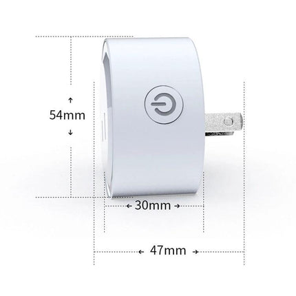 WiFi Smart Socket with App Control and Scheduling Features compact white plug showing power button and dimensions 54mm x 47mm x 30mm