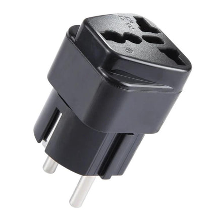 Universal UK to EU Travel Plug Adapter with Fuse for Charging Devices compact black adapter converting UK plugs to EU outlets for travel