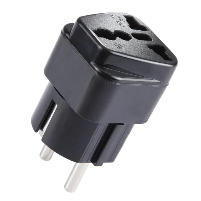 Universal UK to EU Travel Plug Adapter with Fuse for Charging Devices compact black adapter converting UK plugs to EU outlets for travel