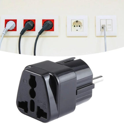 Universal UK to EU Travel Plug Adapter with Fuse for Charging Devices — black compact UK-to-EU travel plug adapter for smartphones and laptops