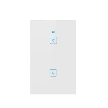 EWeLink 2-Gang Smart Wall Switch with Touch and App Control white glass panel showing two touch buttons and Wi-Fi indicator for living room lighting