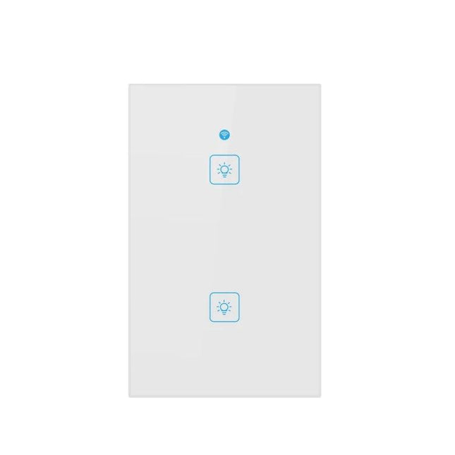 EWeLink 2-Gang Smart Wall Switch with Touch and App Control white glass panel showing two touch buttons and Wi-Fi indicator for living room lighting