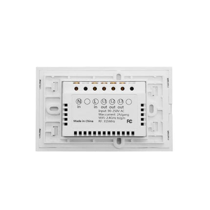 EWeLink 2-Gang Smart Wall Switch with Touch and App Control rear wiring view showing input/output terminals and labeling