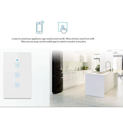 EWeLink 2-Gang Smart Wall Switch with Touch and App Control - sleek white touch switch in modern kitchen, app and touch control shown