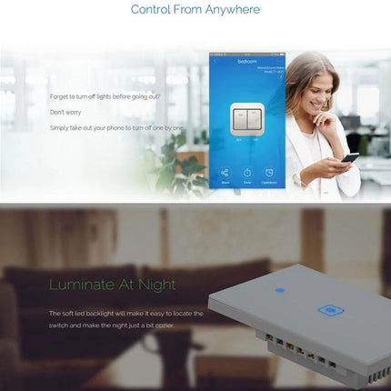 EWeLink 2-Gang Smart Wall Switch with Touch and App Control showing app remote control and illuminated touch switch in living room