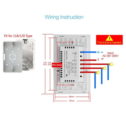 EWeLink 2-Gang Smart Wall Switch with Touch and App Control wiring diagram showing N and L input terminals and dimensions